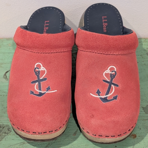 L.L. Bean Mules Womens Size 8M Red/Pink Anchor Nautical Suede Slip On Clog Shoes - Picture 2 of 11